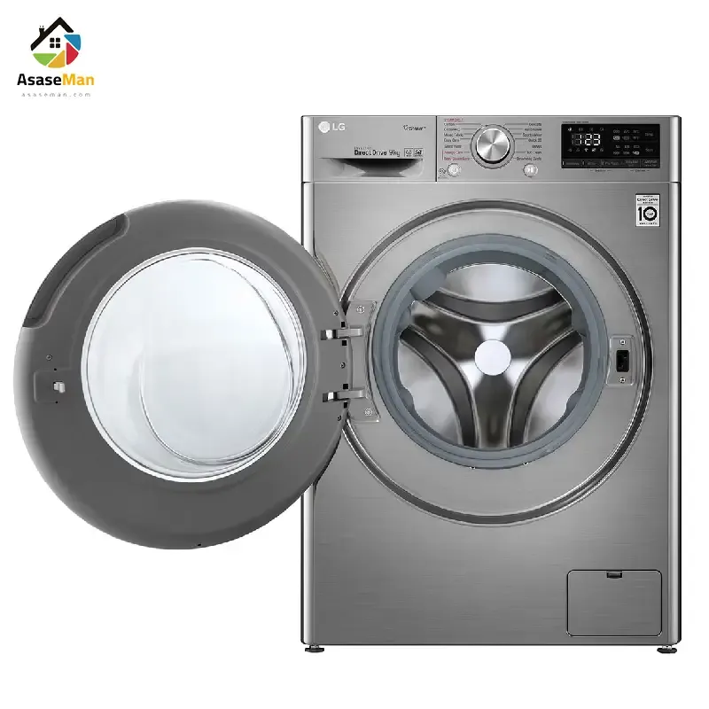 نمای درب باز ماشین لباسشویی ال جی 9 کیلو مدل F4V5 نقره ای