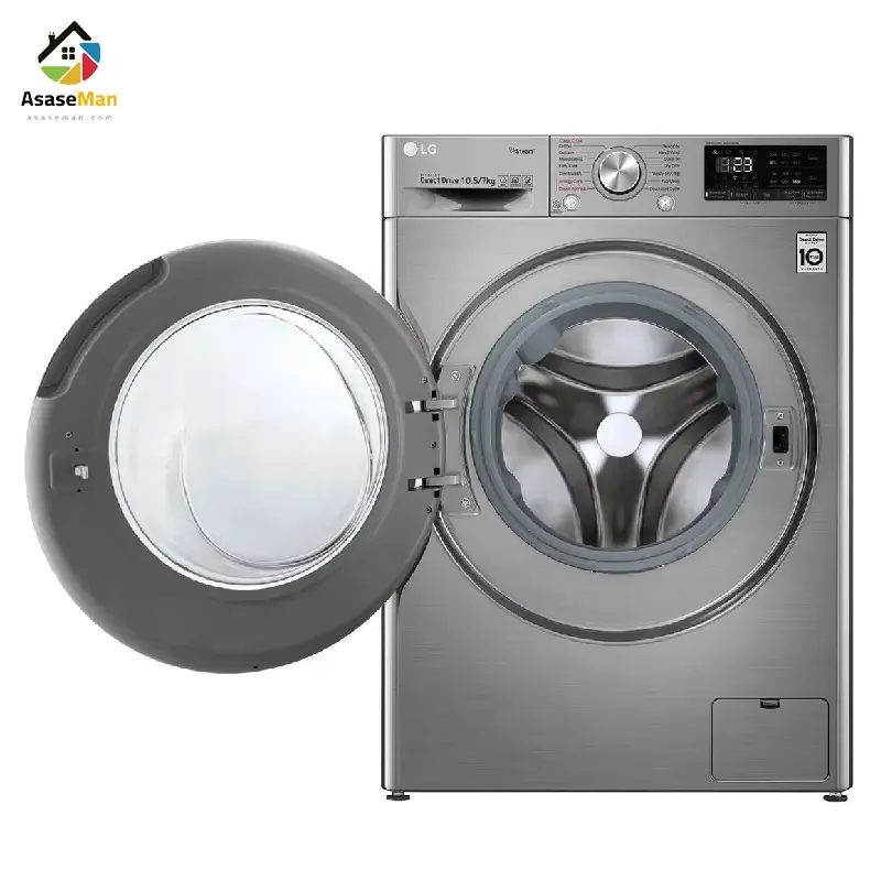 نمای درب باز ماشین لباسشویی ال جی 10.5/7 کیلو گرم مدل F4V5 نقره ای