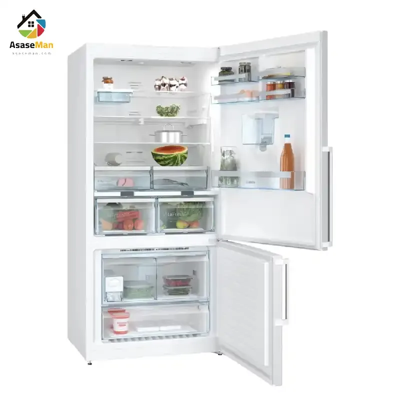 نمایی از درب باز یخچال فریزر بالا پایین بوش مدل KGD86AW31U